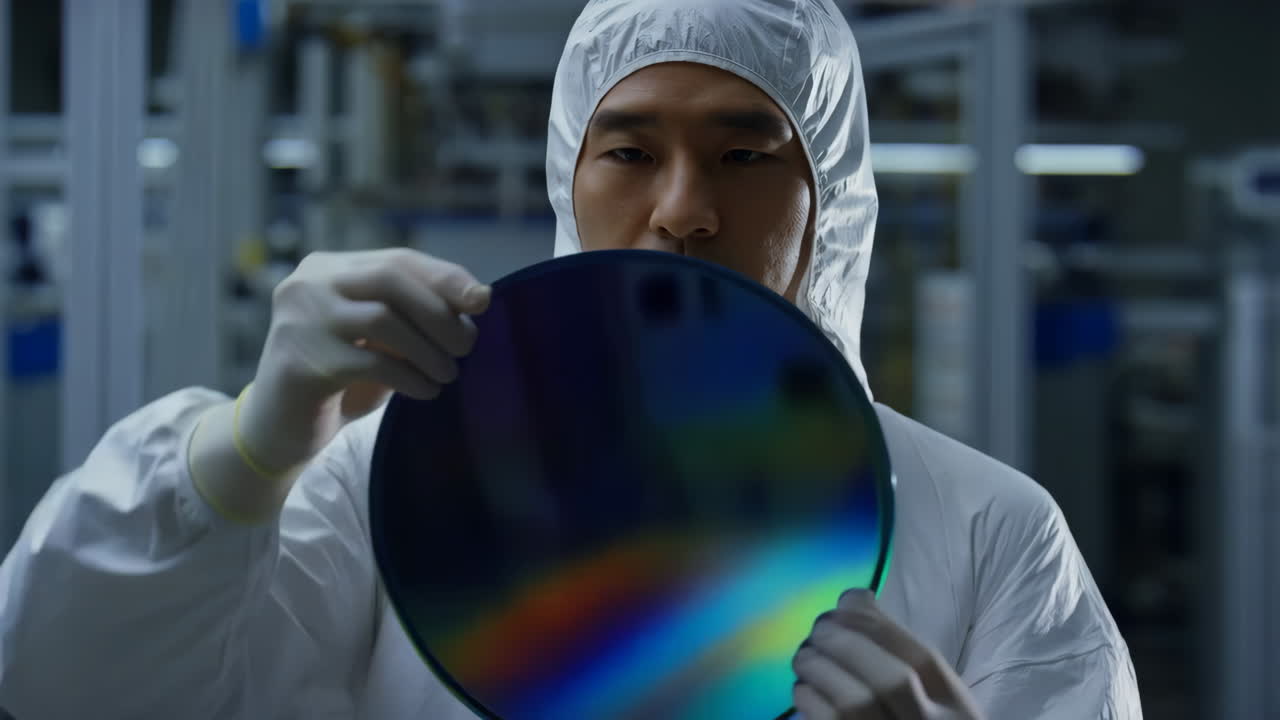 Engineer inspecting a silicon wafer in a cleanroom
