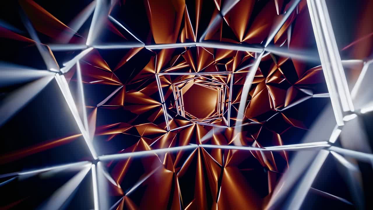 Terowongan geometris abstrak dengan pancaran cahaya yang menyala