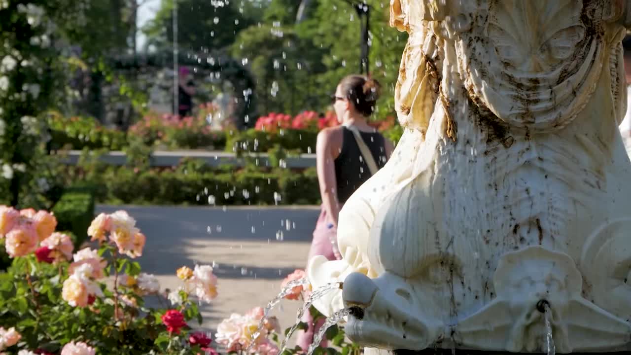 Raining fountain in a city garden. Beautiful and serene urban garden scene.