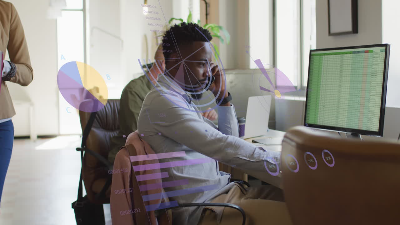 Animation of data processing over african american businessman in office