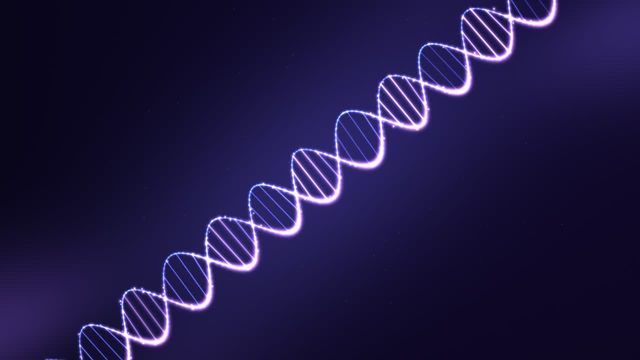 Un'elica di DNA bianca e luminosa con linee blu si avvolge diagonalmente attraverso uno sfondo sfumato blu scuro.