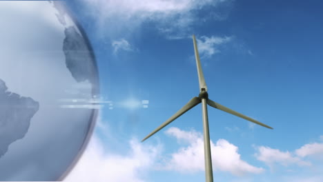 animation of globe over wind turbine in countryside