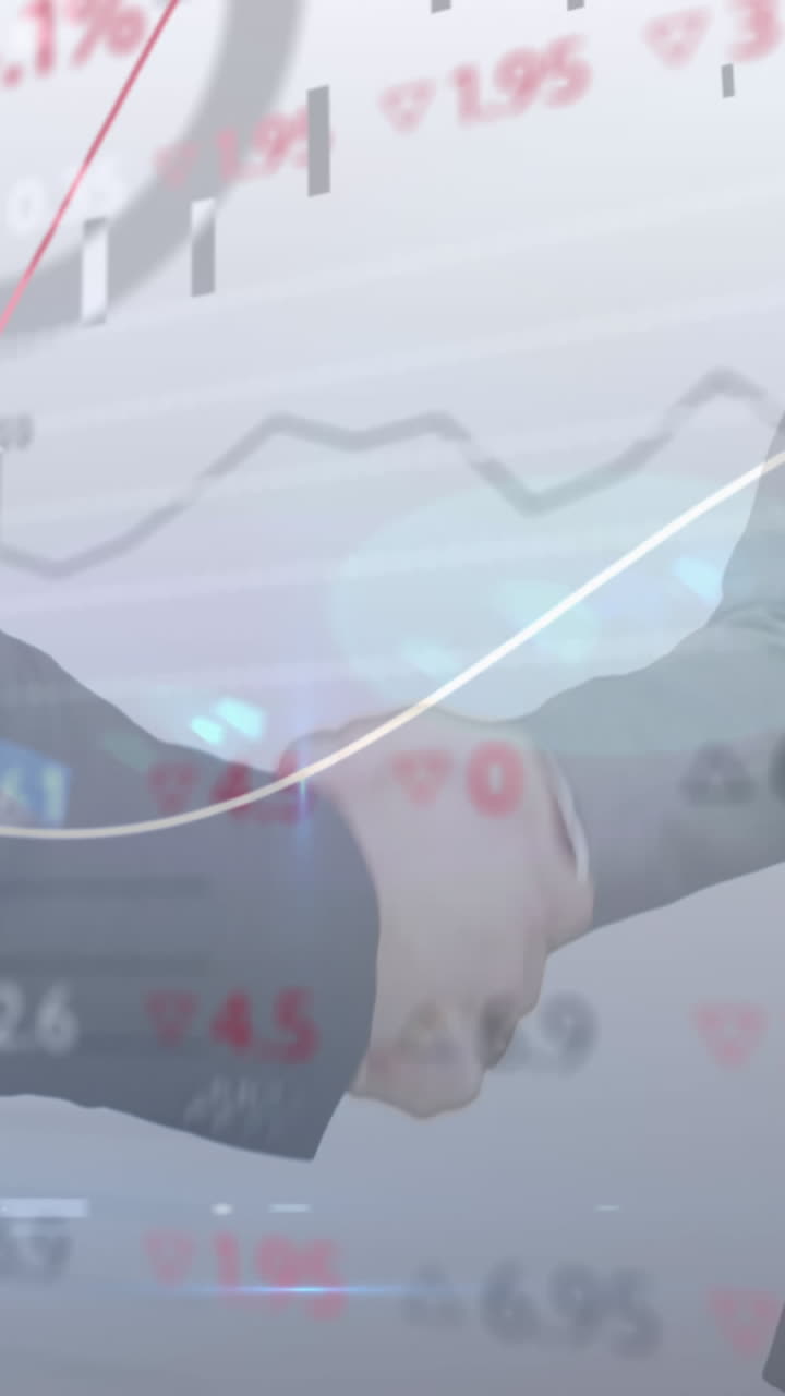 Animazione dell'elaborazione di dati finanziari su persone d'affari che si stringono la mano