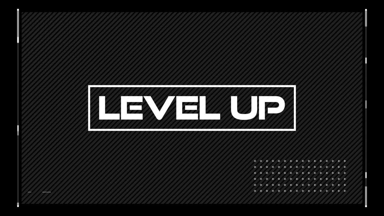Animation of glitch effect over interface with level up text banner against black background