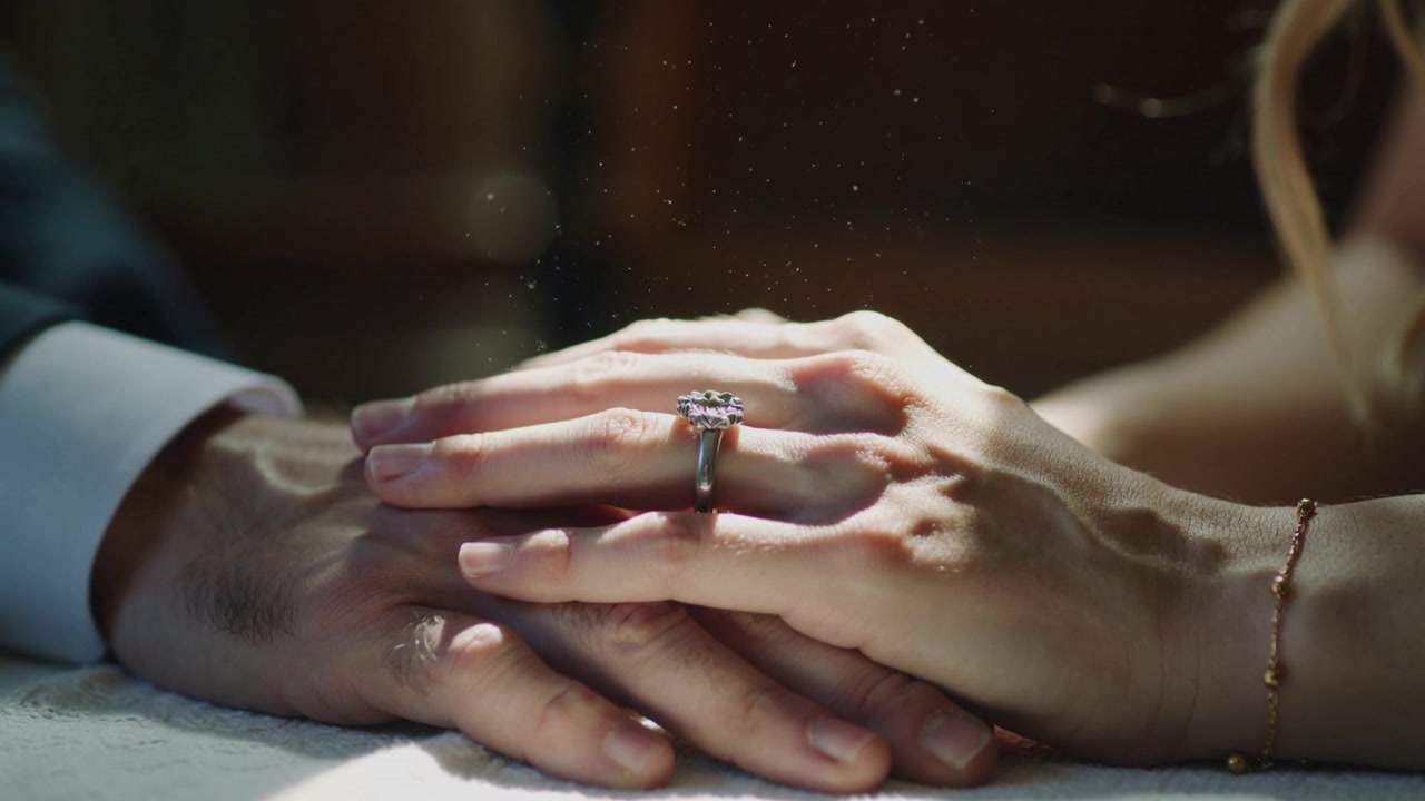 Hand entering frame, woman smoothing over man's hand at table for comfort, showing ring, cuff
