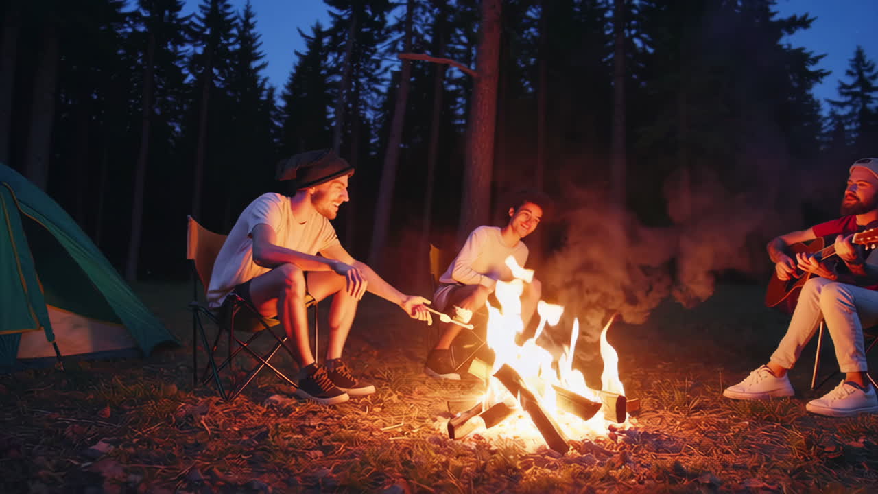 Friends enjoying a campfire in the forest at night