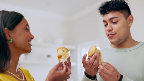 baking, muffin and happy couple with cheers