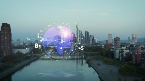 slider over river. panoramic view of modern high rise buildings in business hub at twilight. computer graphics with rotating world globe. frankfurt am main, germany