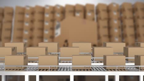 Animation-of-boxes-on-conveyor-belt-over-boxes-in-warehouse