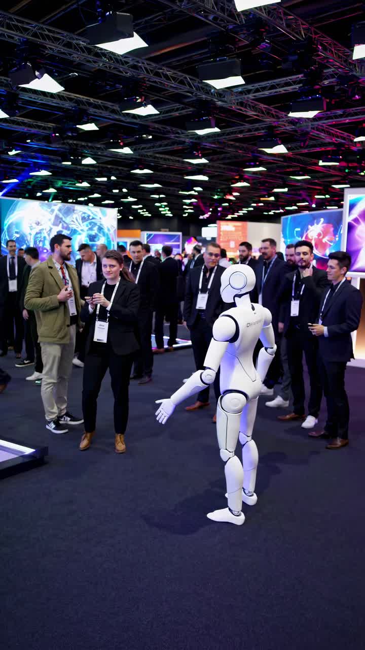 Wide-angle shot of a tech conference, capturing attendees networking in a vibrant, futuristic