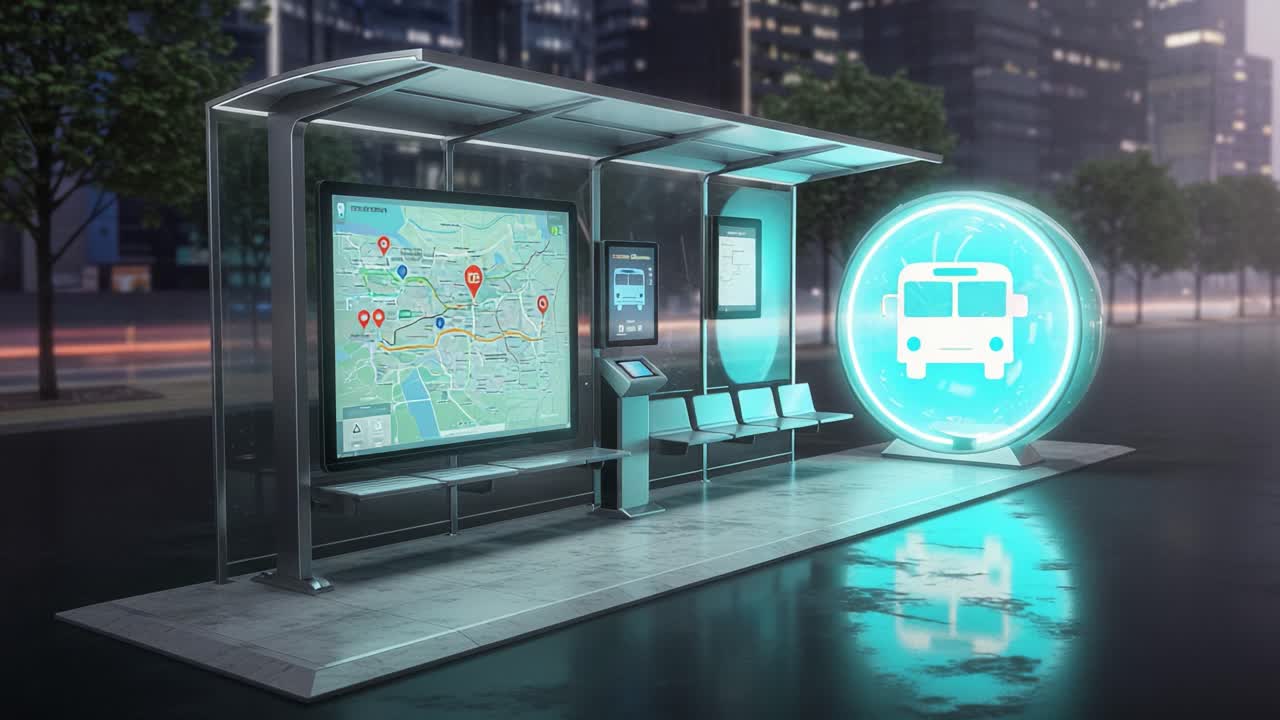 Futuristic Public Transport Hub with Interactive Map and Bus Portal Showing Innovative Urban Transit Solutions in a Modern Cityscape