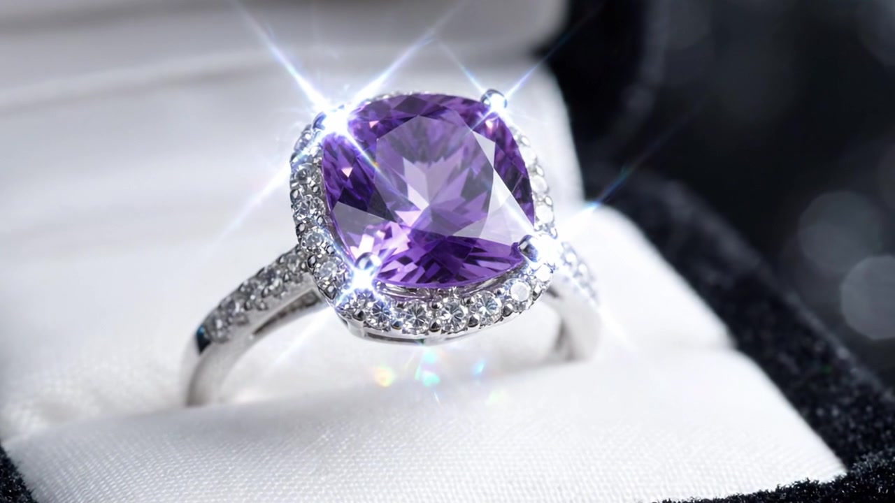 Elegante anello con gemma viola e accenti di diamanti che scintilla in una scatola aperta, mostrando il suo design mozzafiato e il suo fascino lussuoso per amanti e collezionisti di gioielli.