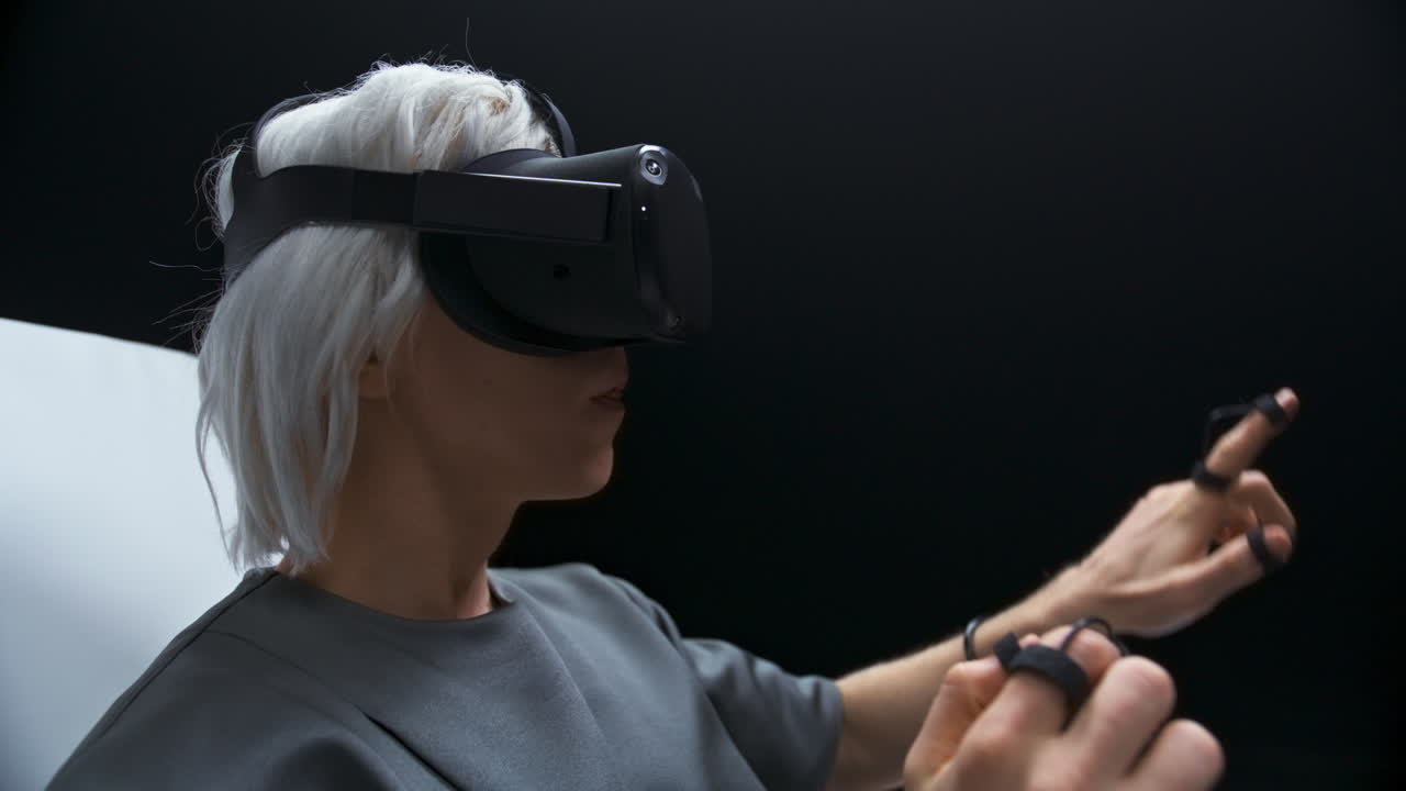Involved guy touching playing virtual world game closeup. Man VR digital space