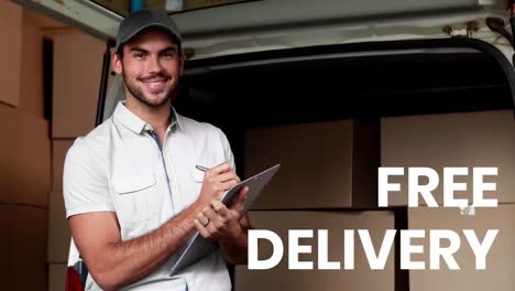 Animation-of-the-words-Free-Delivery-over-man-with-clipboard,-delivering-goods