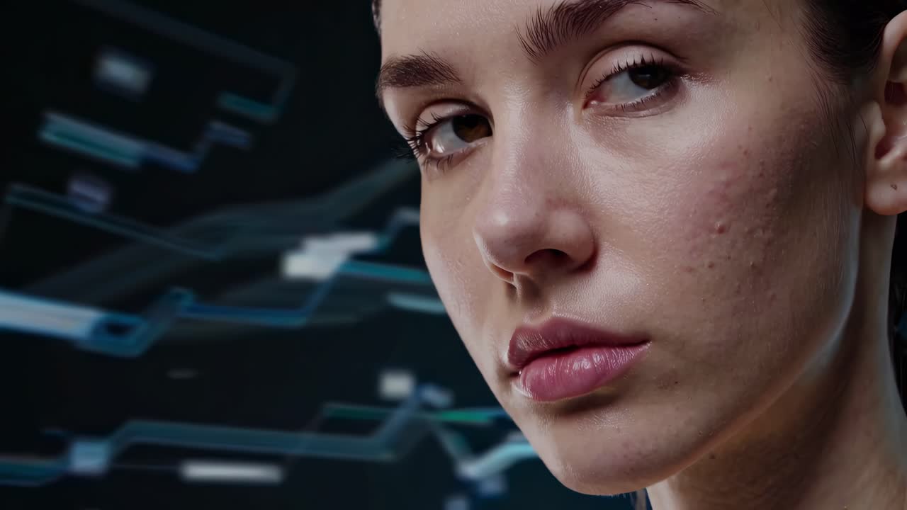 decadencia digital visualizando la transformación tecnológica, retrato femenino experimentando distorsión progresiva con fondo futurista dinámico mezclando glitch estética y comunicación visual