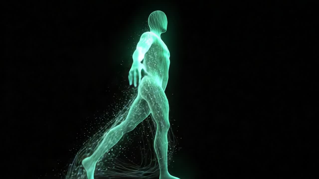 A Spectral Entity in Motion: Experiencing the Ethereal Dance of an Otherworldly Being, With Glowing Particles and a Fluid Form That Captures the Essence of Movement and Light Against a Dark Void
