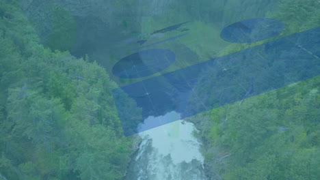 drone blueprint animation over lush green forest and flowing river