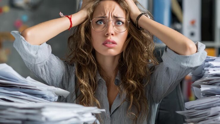 Overwhelmed Young Woman with Frizzy Hair and Glasses Surrounded by Piles of Paperwork Expresses Feelings of Stress and Anxiety While Working at Her Desk