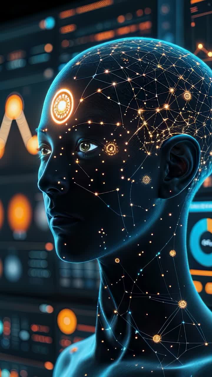 Vertical video: Animating humanoid head pulsing nodes for data analysis in control hub, with charts