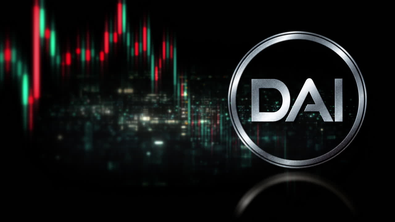 Futuristic digital background highlighting advanced cryptocurrency and encryption technology, featuring blockchain networks and secure cryptographic systems : DAI