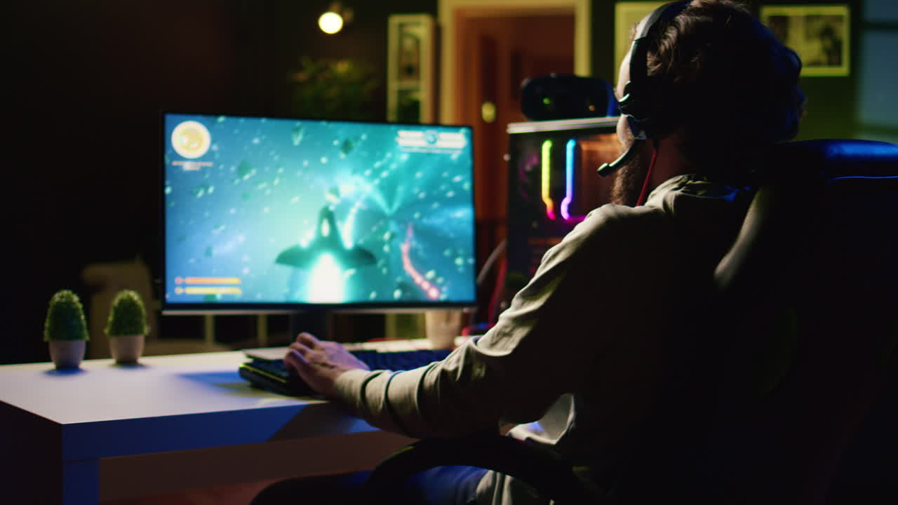 Smiling gamer immersed in gaming experience, navigating universe