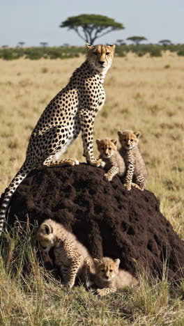 cheetah mother and cubs on a mound in the savanna