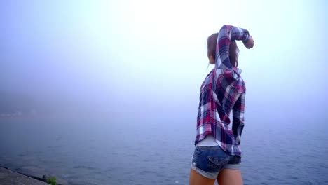 lifestyle woman having fun walking sea. lifestyle concept