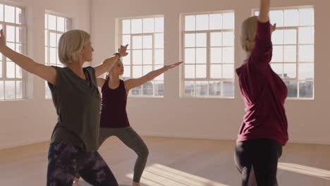 yoga class of healthy mature women practicing warrior pose enjoying morning physical fitness exercise workout in studio at sunrise