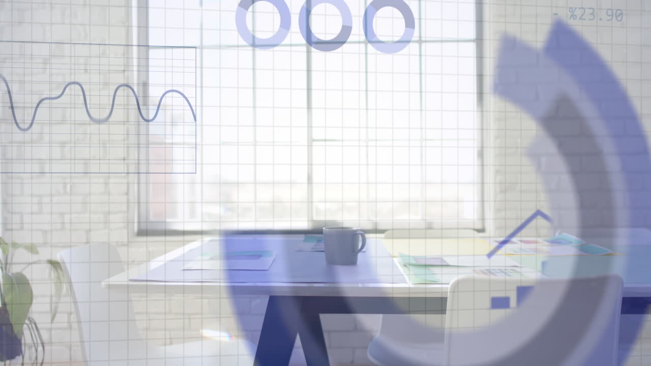 사무실의 일반적인 시각에 대한 재무 데이터 처리의 애니메이션