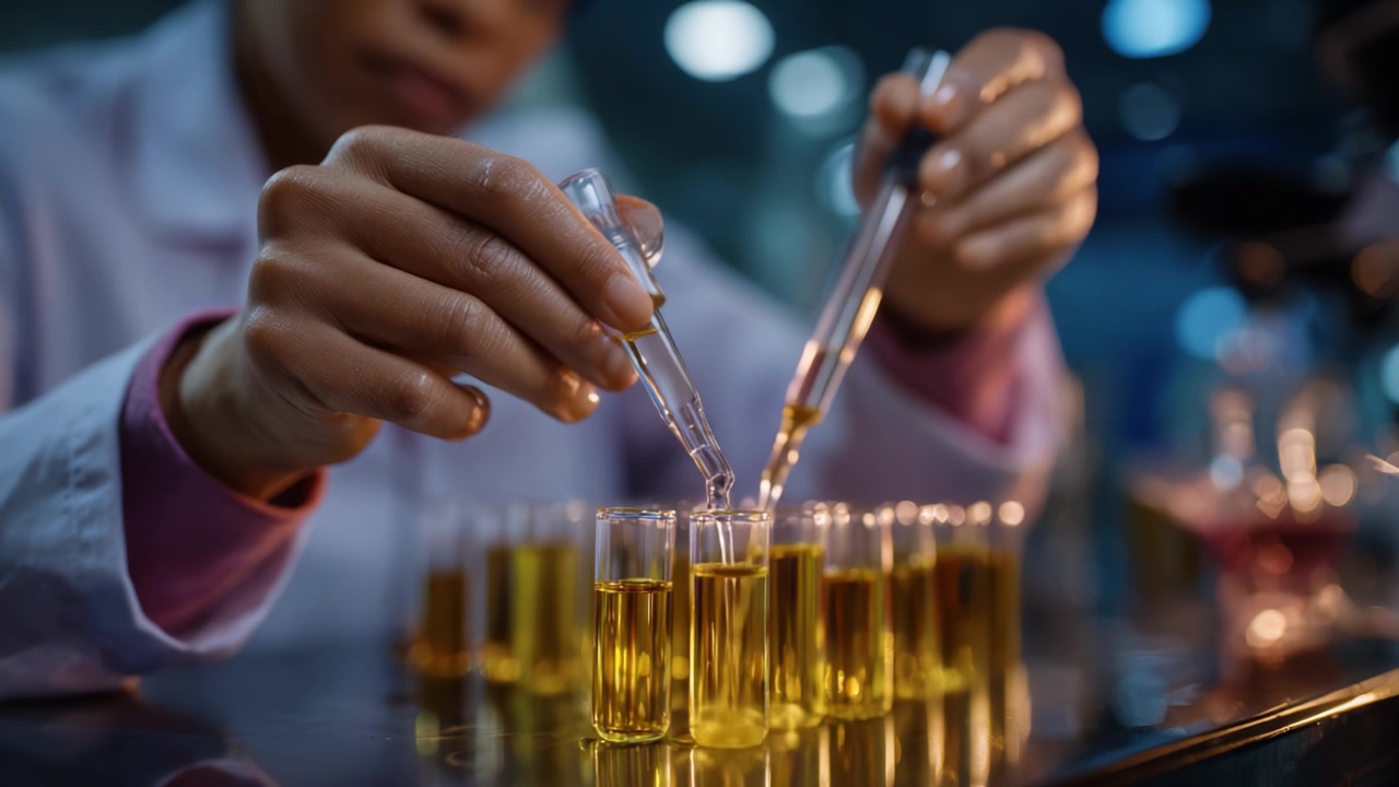 Sperimentazione di laboratorio con pipette che coinvolgono fiale di liquido giallo e misurazioni precise in un ambiente scientifico controllato