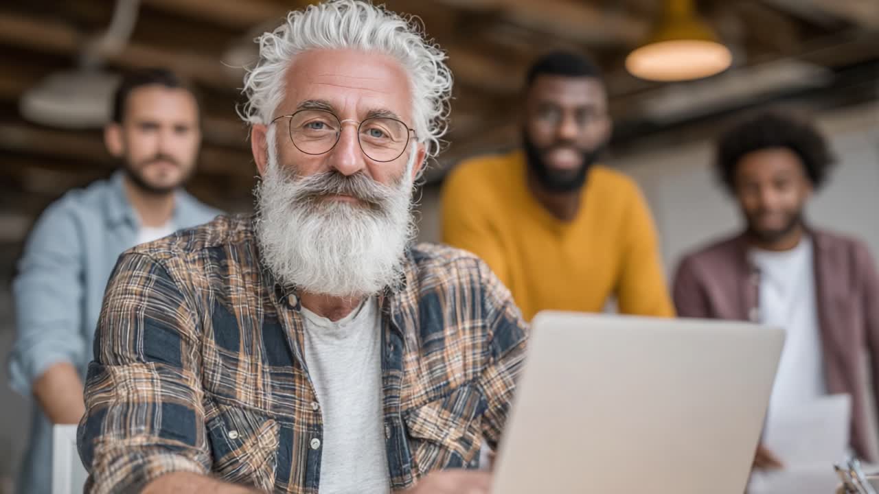 An Engaging Elder Mentor Leads a Discussion with Three Attentive Young Colleagues in a Modern Workspace, Promoting Collaboration and Learning in Their Field