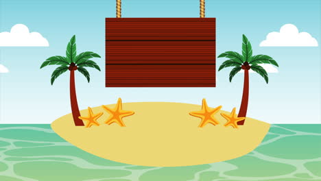 paisaje marítimo de playa con animación de etiqueta de madera