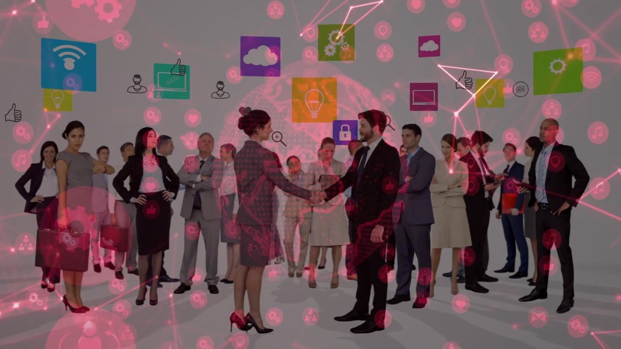 Two execs shaking hands sparking cloud wifi lock icons and pulsing red net finalizing business deal