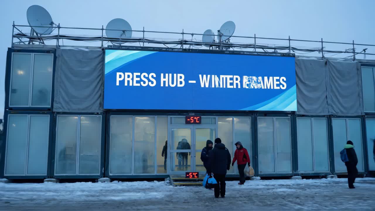 Persone in entrata e in uscita da un edificio dell'hub stampa ai Giochi Invernali