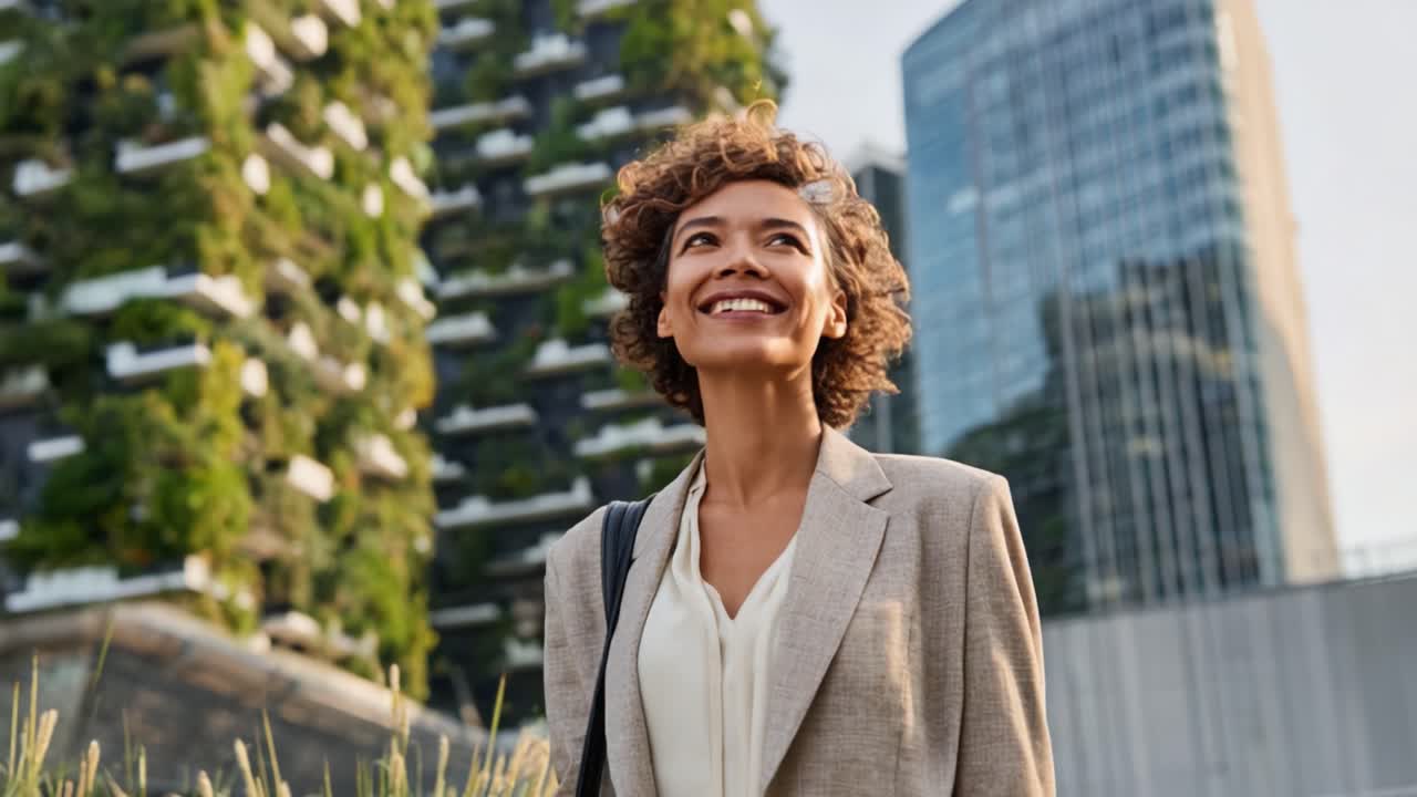 Uma Empresária Sorridente Aproveita o Dia em uma Paisagem Urbana, Cercada por Vegetação Exuberante e Arquitetura Moderna, Exibindo uma Mistura Harmoniosa de Natureza e Vida Urbana