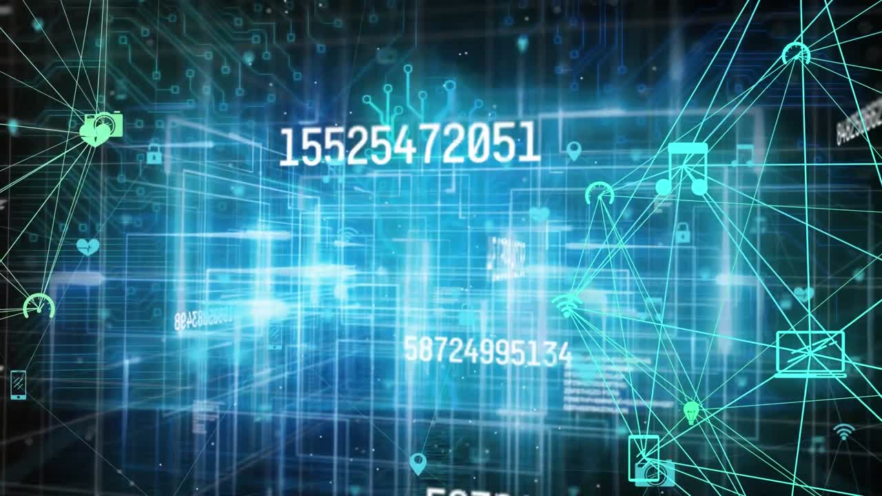 Animation of scientific data processing over web of connections and icons on black background