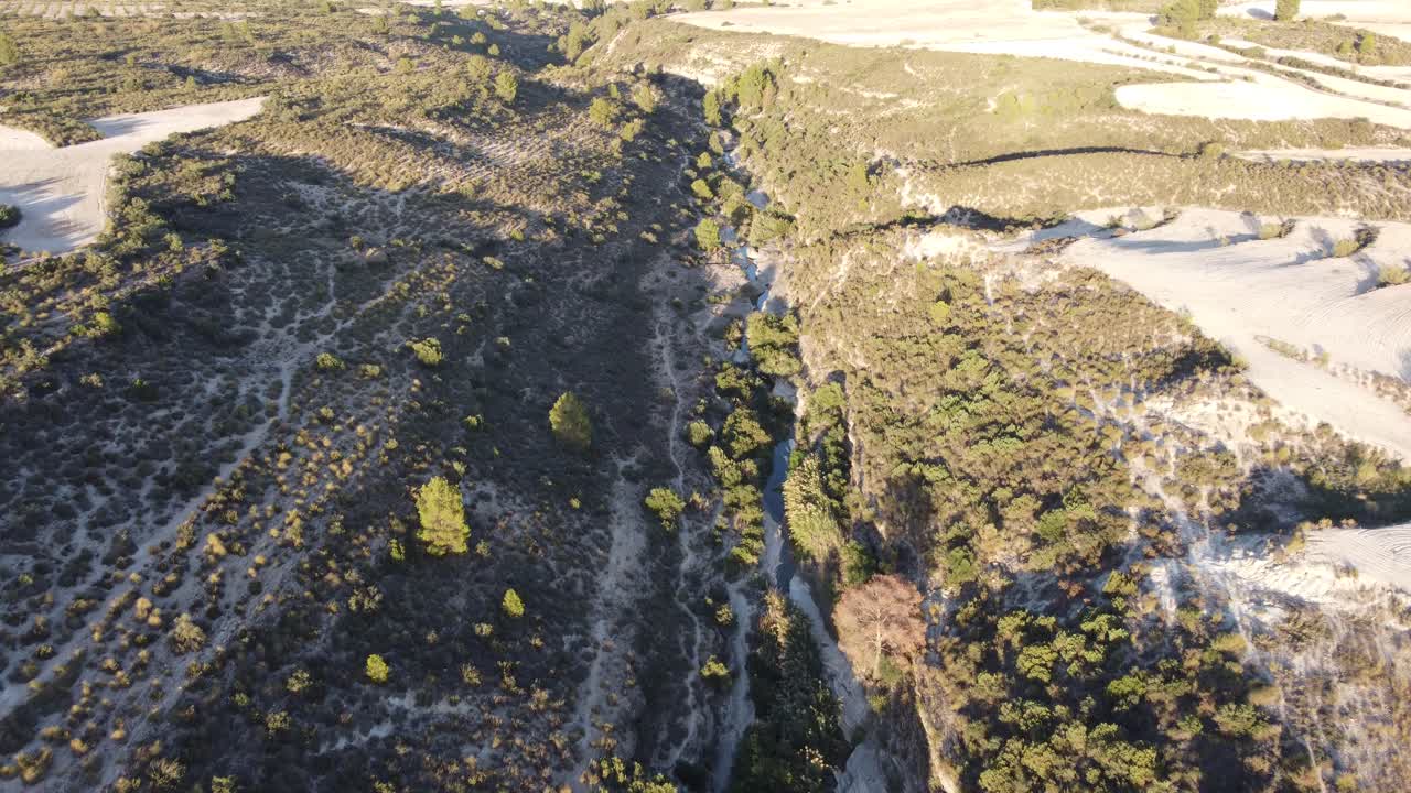 Dry vegetation rural terrain land, aerial drone video over landscape valley