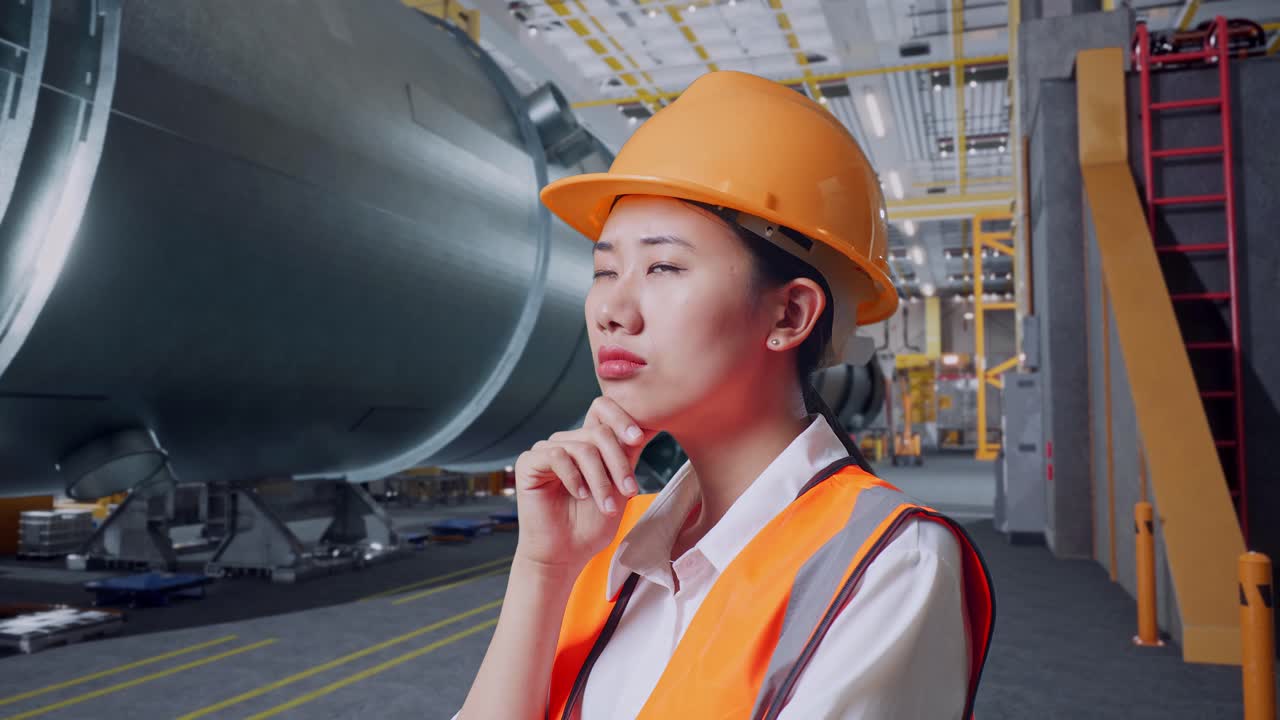 안전 헬을 입은 아시아 여성 엔지니어가 파이프 제조 공장에서 서 있는 동안 무언가에 대해 생각하고 주변을 둘러보고 있습니다.