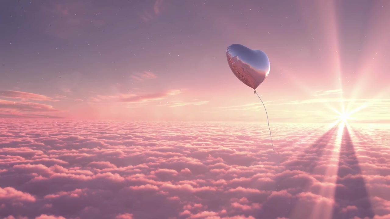 Palloncino a forma di cuore argentato che fluttua sopra le nuvole al tramonto
