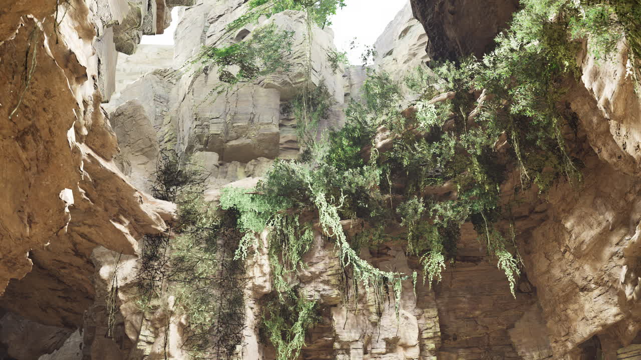 Majestic rock formations with lush greenery in a hidden canyon