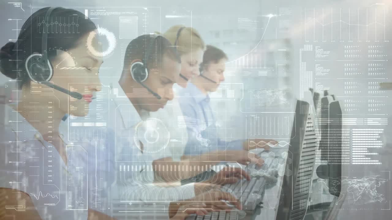 사무실에서 일하는 사업가들에 대한 금융 데이터 처리 활성화