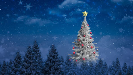 Animation-of-snow-falling-over-christmas-tree,-fir-trees-in-winter-scenery