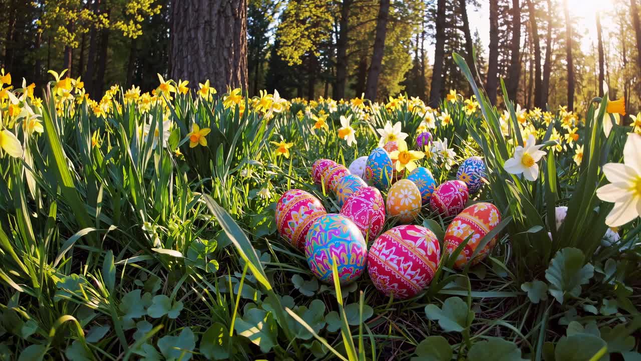 Inquadratura video da posizione ribassata di uova di Pasqua colorate tra narcisi in una foresta illuminata dal sole