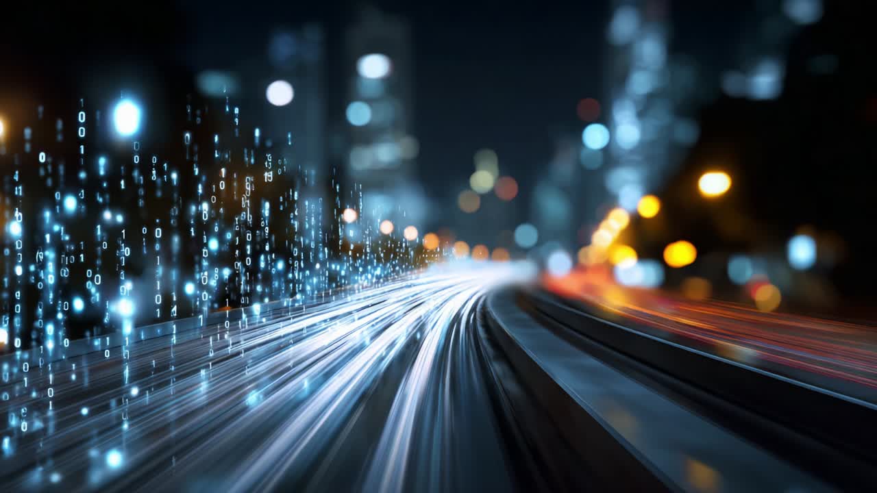 Dynamic digital transformation represented through glowing binary code and light trails illustrates the swift movement of technology and innovation in an urban nighttime landscape, symbolizing the future of digital connectivity