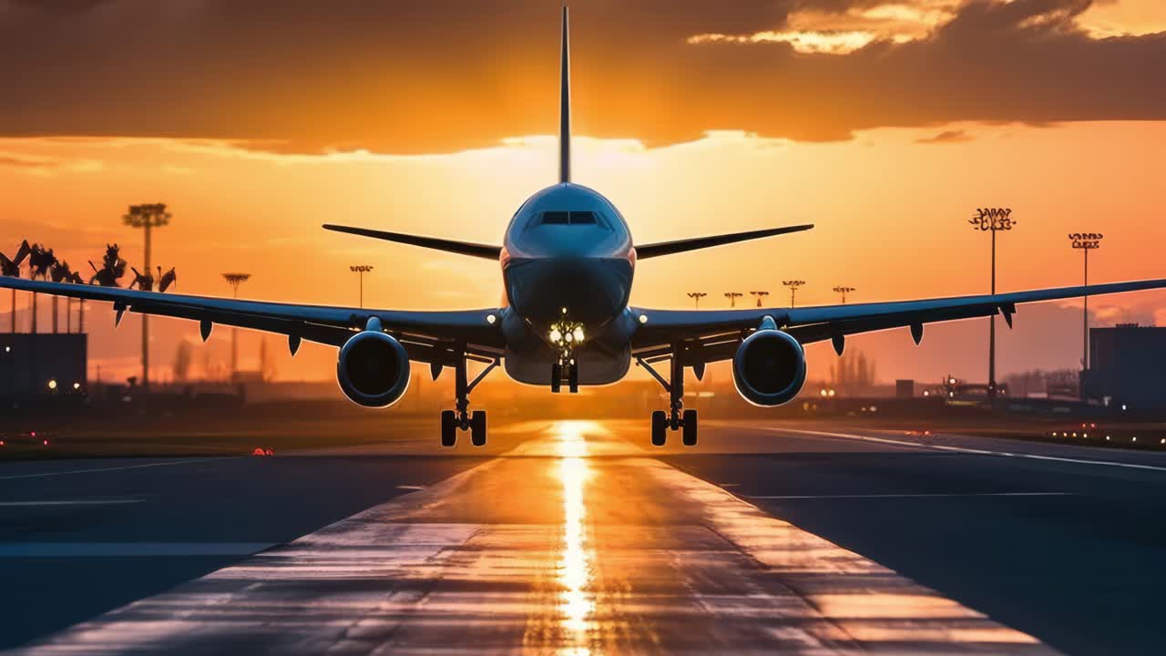 Passenger airplane landing smoothly on runway during golden hour sunset, showcasing aviation's serene beauty with warm glowing light and dramatic silhouette