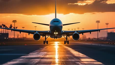 passenger airplane landing smoothly on runway during golden hour sunset, showcasing aviation's serene beauty with warm glowing light and dramatic silhouette