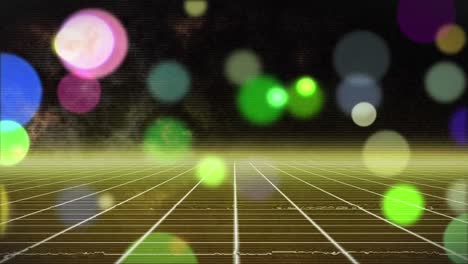 Animation-Leuchtender-Bunter-Lichtpunkte-über-Gelbem-Gitternetz-Vor-Schwarzem-Hintergrund