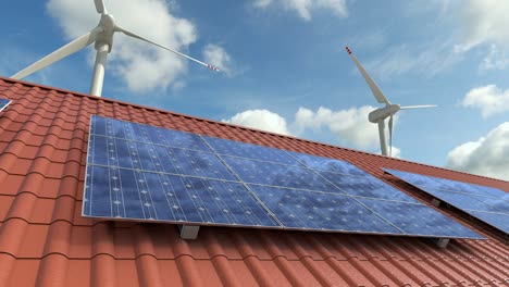 Ecology clean intelligence home with solar panels and wind turbines