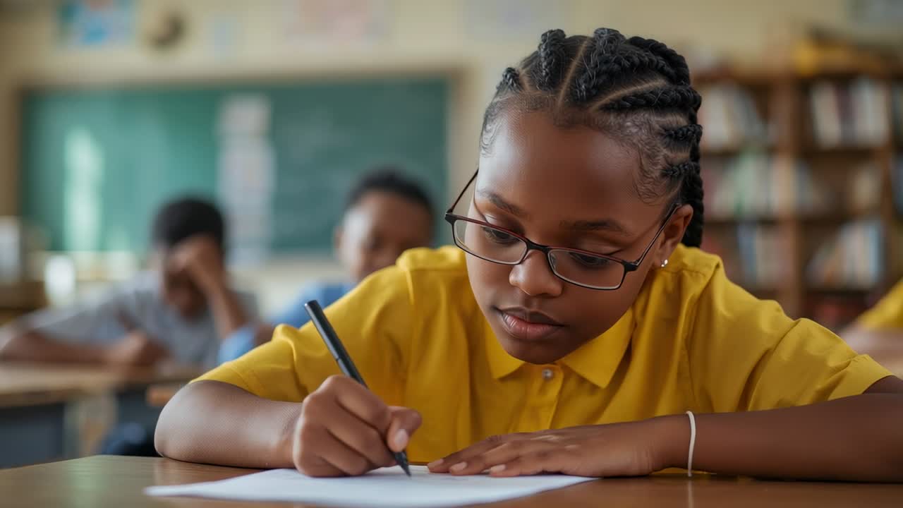 Camera tightening on girl glasses yellow polo writing with pencil completing work at school desk