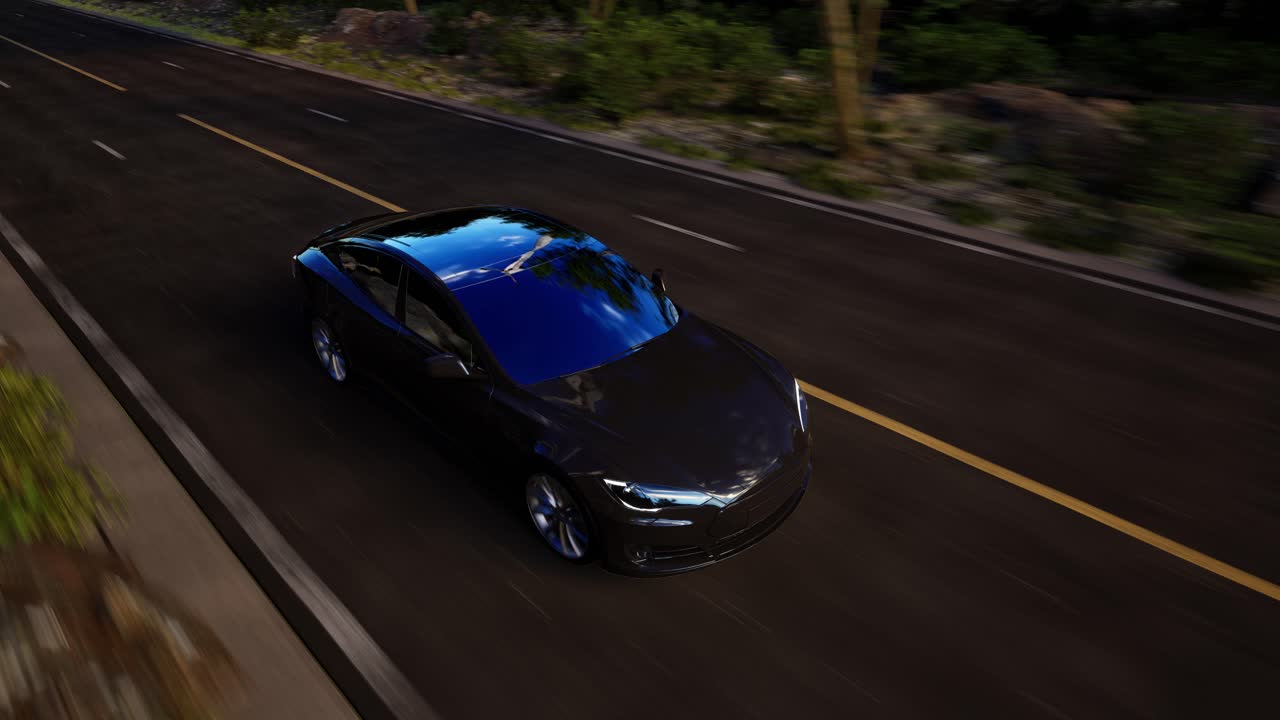 vista aérea de un automóvil eléctrico autónomo que se conduce a sí mismo a lo largo de una carretera rural. concepto de movilidad eléctrica. animación 3d realista de alta calidad